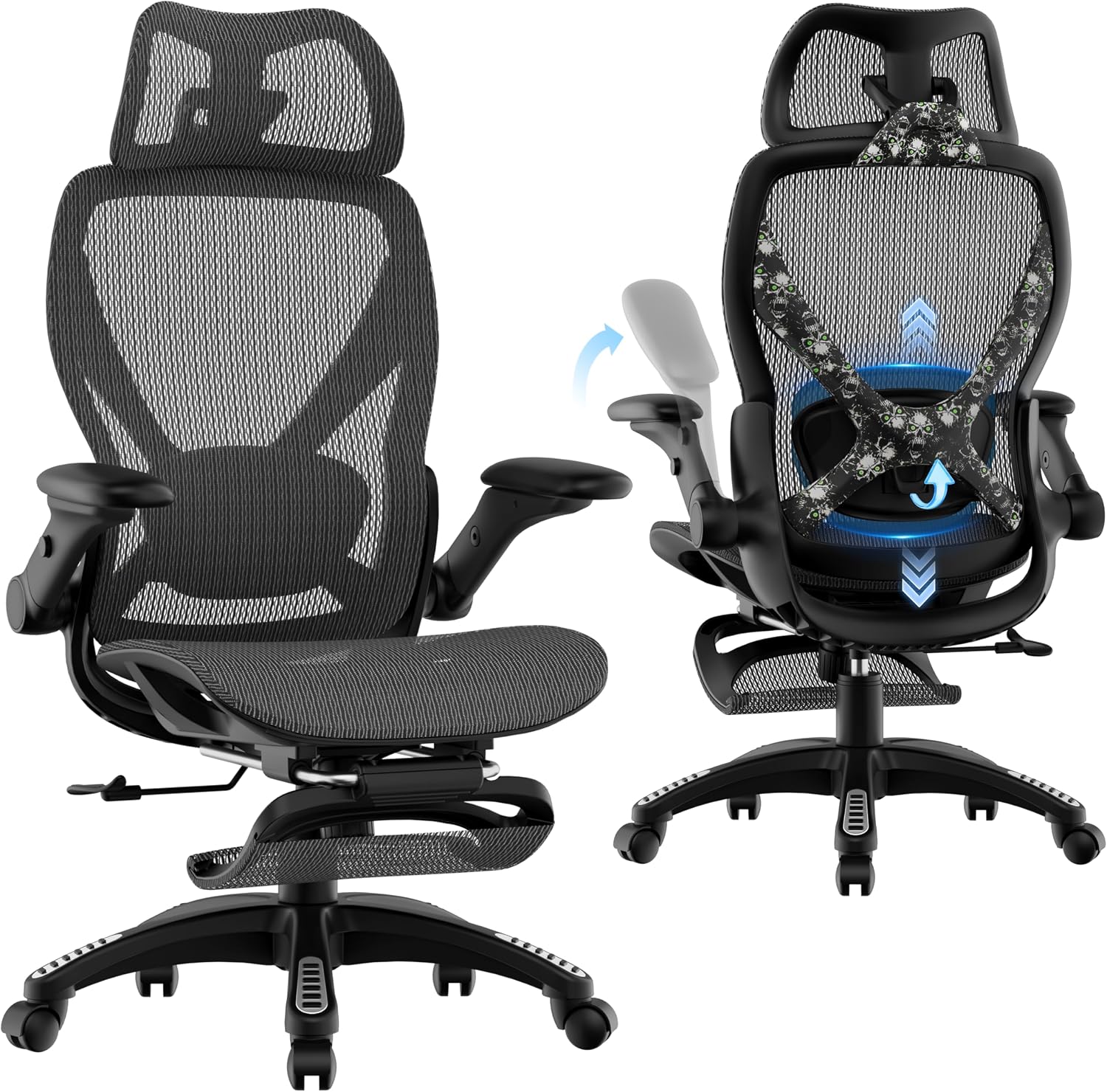 ELABEST X100 Ergonomic Mesh Office Chair with Footrest, Big and Tall Hone Desk Chair with 5D Flip-Up Arms, Adjustable 3D Lumbar Support,Gaming & Executive Computer Chairs (Night Reaper)