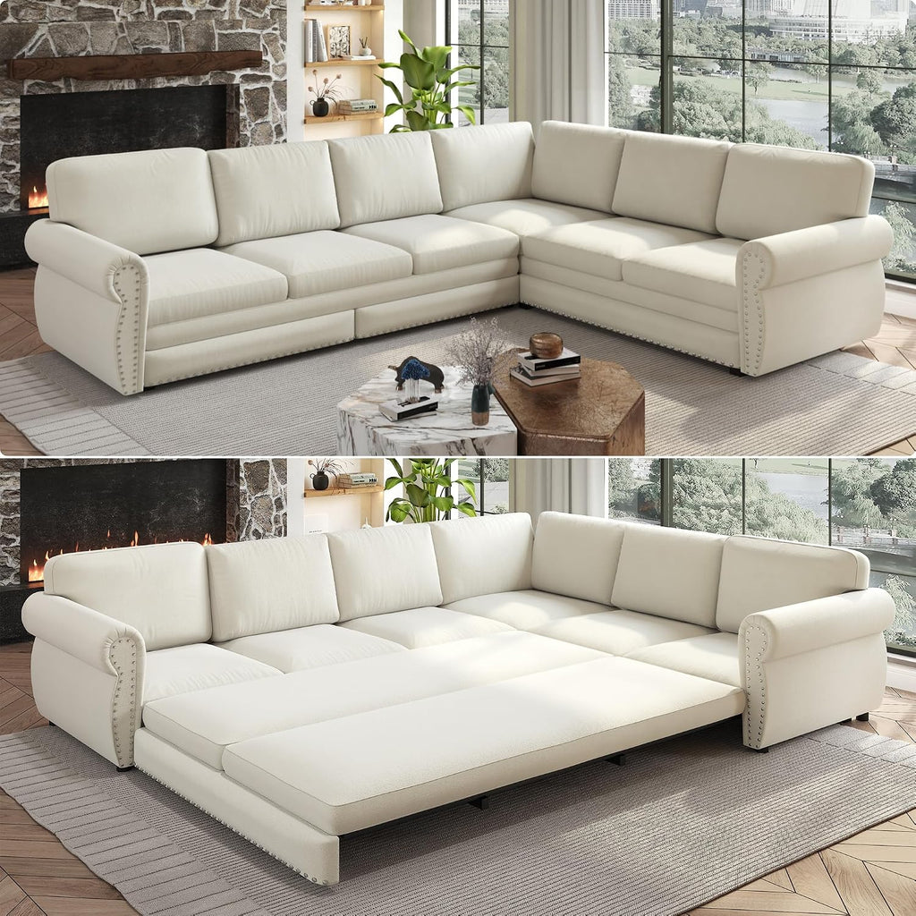 118'' Pull Out Couch, Convertible Sleeper Sofa Bed, Upholstered Sectional Sofa, Chenille L-Shaped Couch with Nailhead Trim, 6-Seater Modern Sectional Couches for Living Room, Apartment, Beige