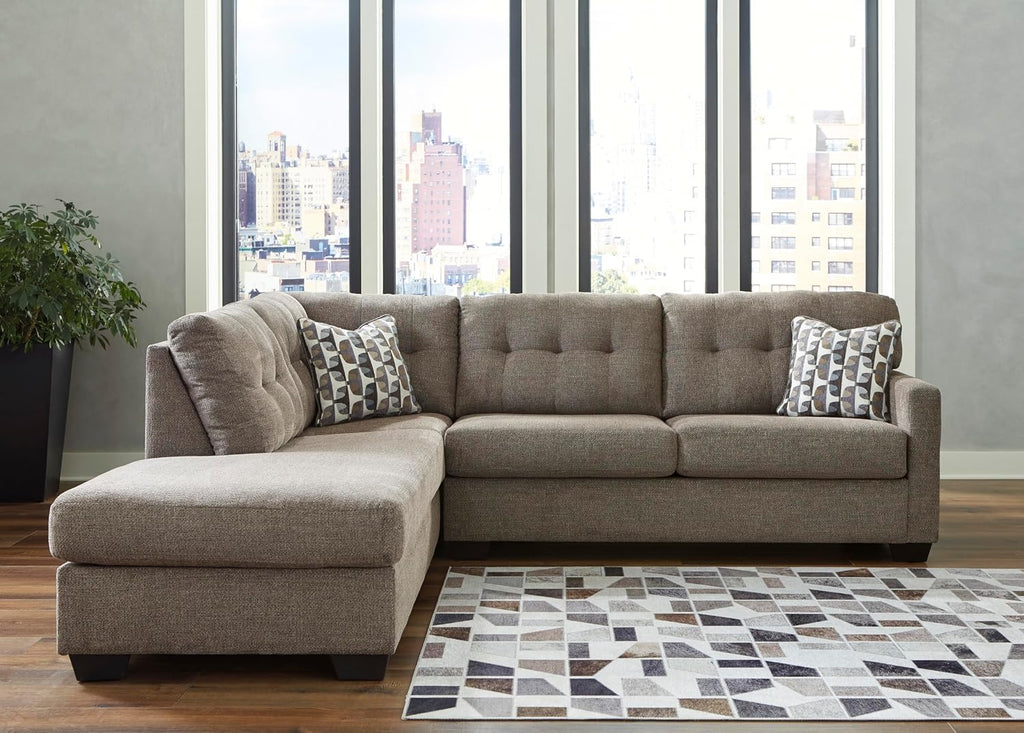Signature Design by Ashley Mahoney Casual L-Shaped Tufted 2-Piece Sleeper Sectional with Chaise, Bi-Fold Memory Foam Mattress, Loose Seat Cushions and 2 Accent Pillows, Full, Dark Brown