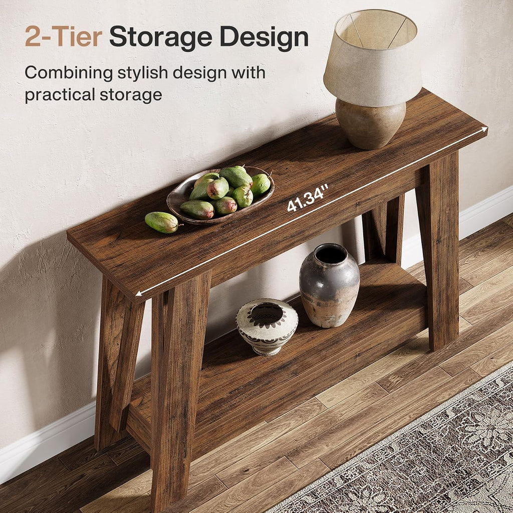 Tribesigns 41.3' Farmhouse Console Table, 2-Tier Wooden Entryway Table with Storage, Rustic Narrow Behind Couch for Living Room, Hallway, Foyer, Rustic Brown