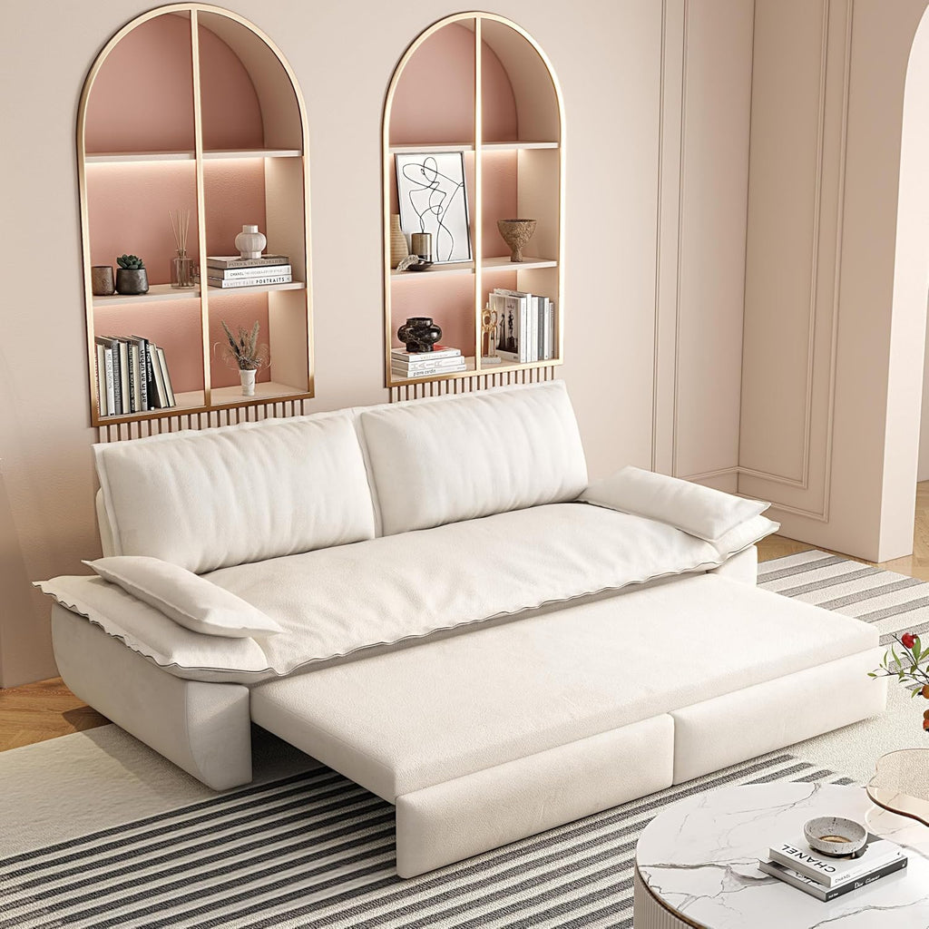 Velvet 73.2'' Queen Size Sleeper Sofa Bed, Loveseat 3-in-1 Convertible Sofabed, Love Seat Pullout Couch, Space Saving for Living Room, Apartment - Beige-White