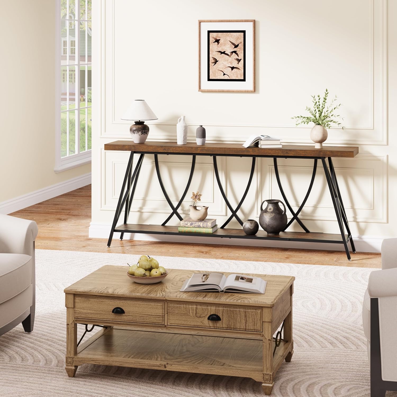 JUSTOGO 70.9' Narrow Console Table for Entryway, Industrial Long Sofa Table Behind Couch, Farmhouse Hallway Table with Storage for Living Room, Entrance, Foyer, Rustic Brown
