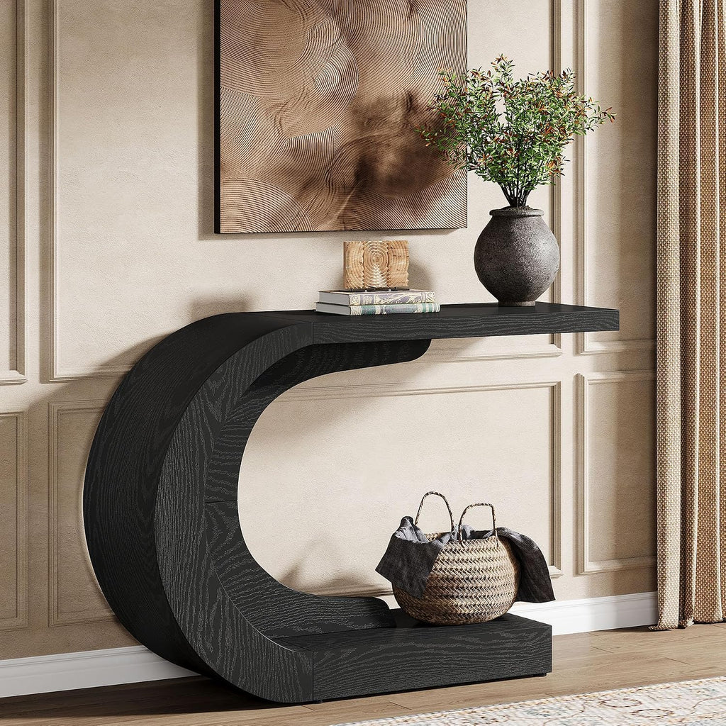 Tribesigns 43.3' Farmhouse Console Table for Entryway, Unique C-Shaped Rustic Sofa Table Behind Couch with Storage for Living Room, Hallway, Entry, Entrance, Foyer, Easy Assembly, Black