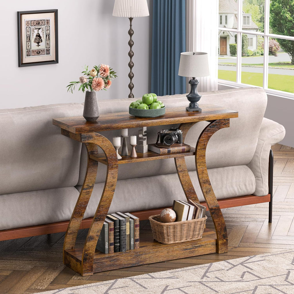 Wooden Console Table with Curved Legs and Shelf, 3-Tier Modern Accent Narrow Sofa Table for Entrance Area, Living Room, Hallway, 47 in Wide Wood Console Table for Entryway (Retro)