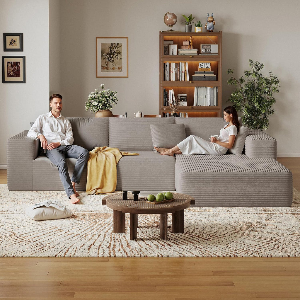 CHORRO108''Sectional Boneless Cloud Sofa,Modern Modular L-Shape Couch for Living Room,Corduroy Convertible Sponge Sleeper Sofas,Upholstered Lougne Chaise Couchs-with Soft Pillow(Camel,Right Chaise)