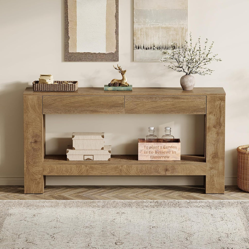 Tribesigns 63-Inch Console Table with 2 Drawers, 2-Tier Wooden Sofa Table Behind Couch, Farmhouse Entryway Console with Storage Shelf & Sturdy H-Shaped Legs for Living Room, Entrance, Hallway