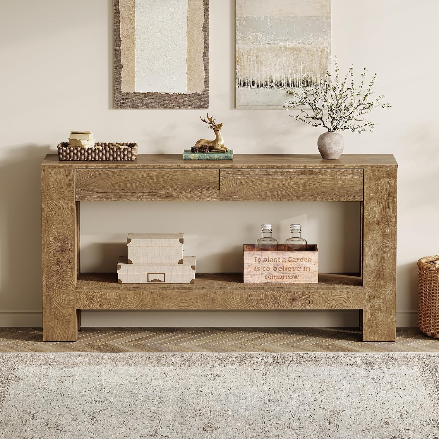 Tribesigns 63-Inch Console Table with 2 Drawers, 2-Tier Wooden Sofa Table Behind Couch, Farmhouse Entryway Console with Storage Shelf & Sturdy H-Shaped Legs for Living Room, Entrance, Hallway
