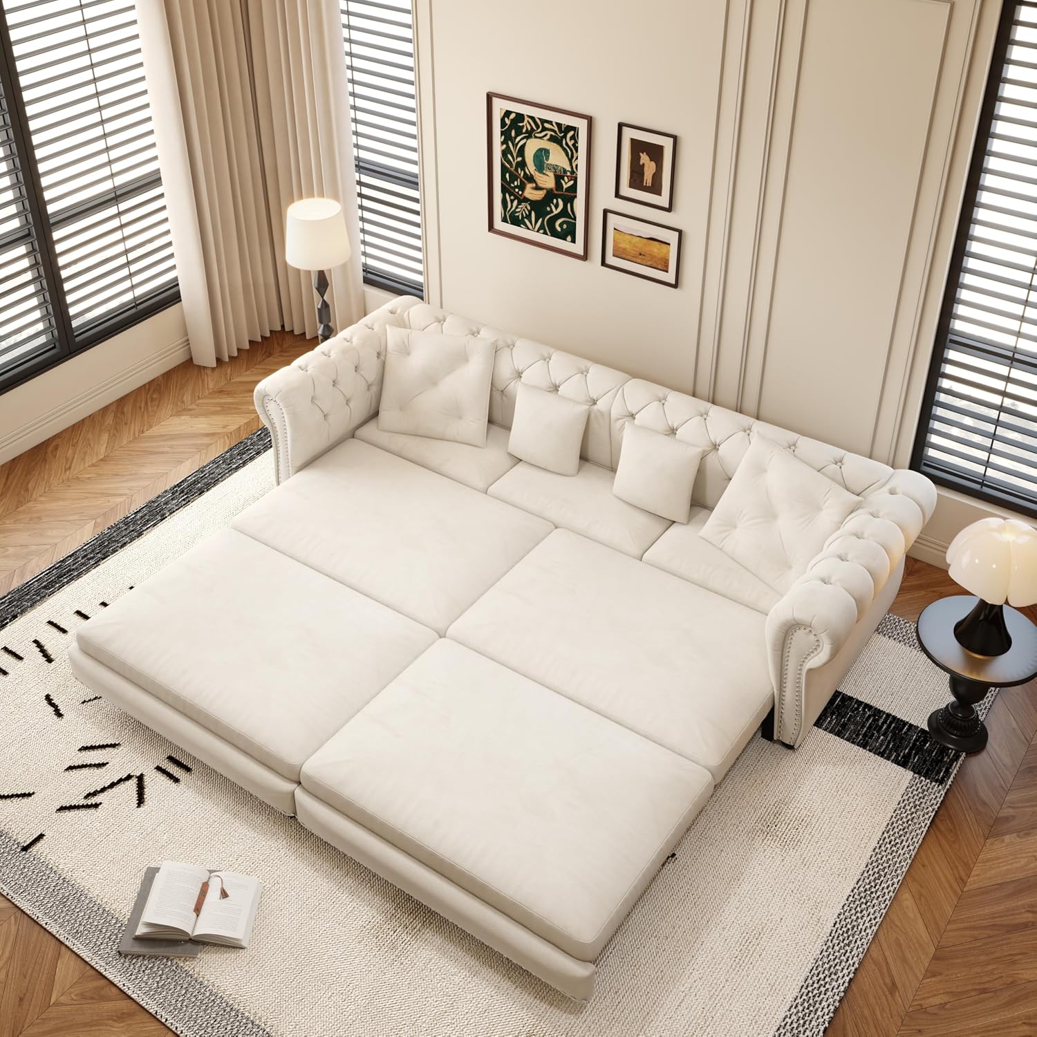 89'' Pull Out Sofa Bed King, Chesterfield Velvet Sleeper Sofa, Convertible L-Shaped Futon Couch, Tufted Back, 4 Pillows, Ottoman, Deep Seat Loveseat Couches for Living Room, Apartment, Beige
