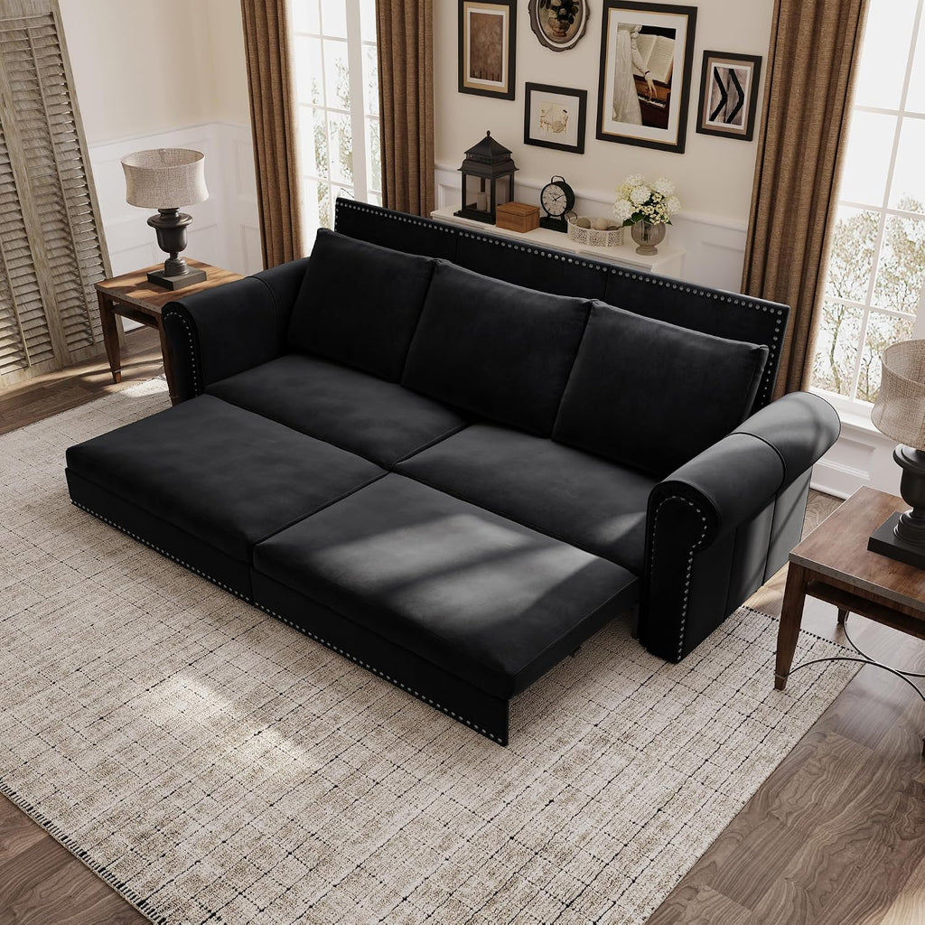 3 in 1 Convertible Sleeper Sofa Bed, 93.7' King Size Sofa Sleeper with Pull Out Bed, Velvet Folding Loveseat Sofa 3-Seater with Deep Seat, Nailhead Trim & Rolled Arm for Living Room
