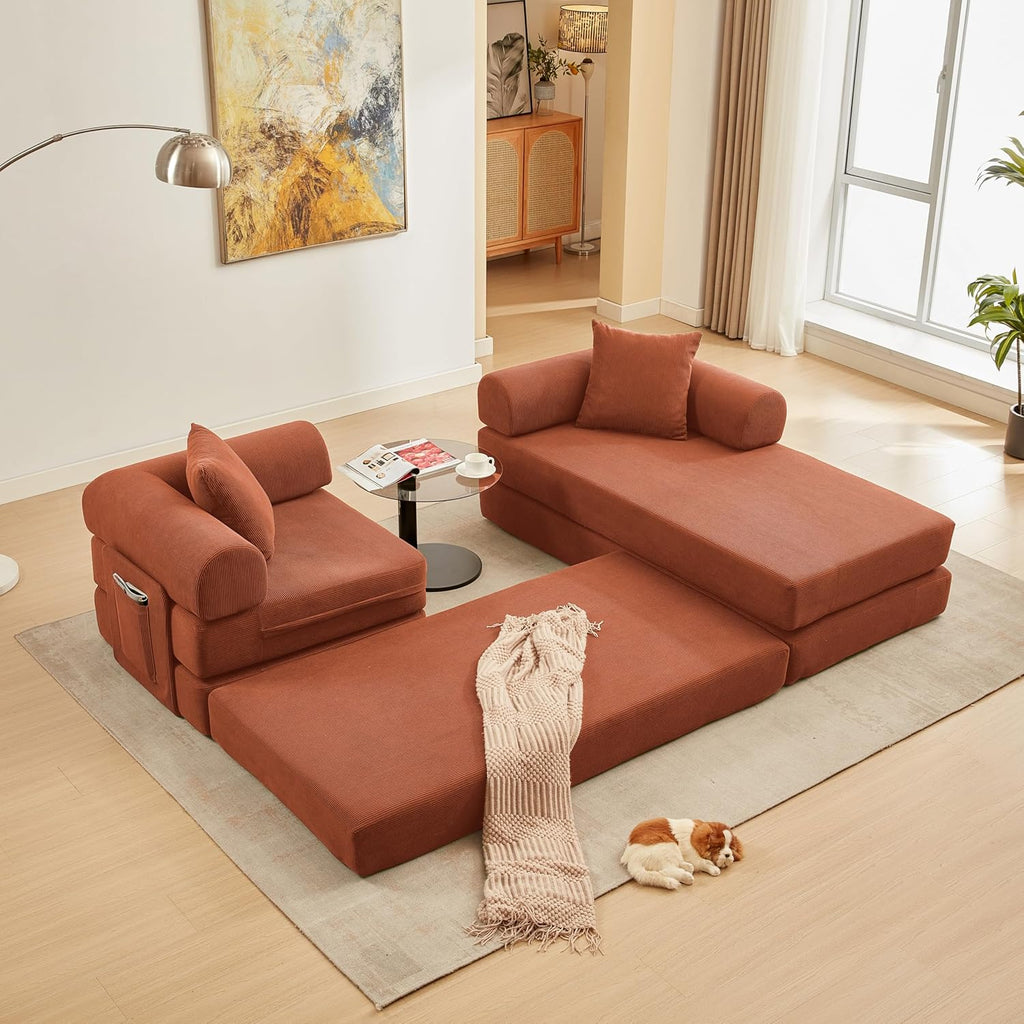 L Shaped Modular Sofa Bed with Cylindrical Pillow & Reversible Chaise, Corduroy Folding Floor Convertible Sofa Couch Bed with Fixed-Shape Frame & Storage Pocket for Living Room, Orange
