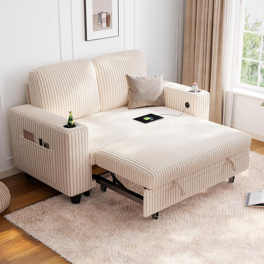 LINSY HOME Loveseat Sofa Couch with USB Charging & Cup Holders, Convertible Pull Out Couch Chaise 2 Seater Sofa, Comfy Plush Corduroy Love Seat for Small Spaces Living Room Apartment (Beige)