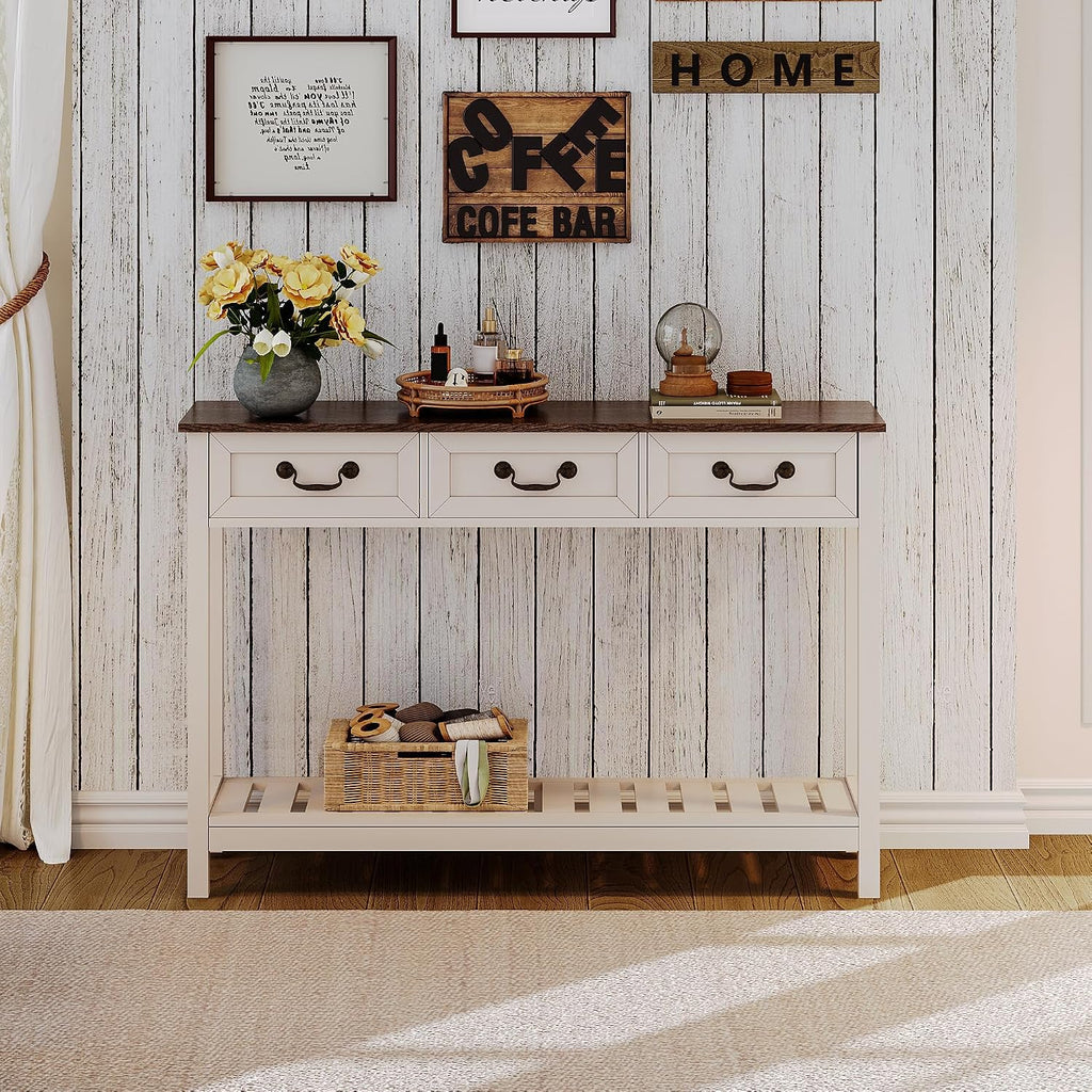 ChooChoo 47' Farmhouse Console Table with 3 Drawers, Rustic Entryway Table, Narrow Long Sofa Table for Living Room, Hallway, Behind Couch, Soft White and Brown