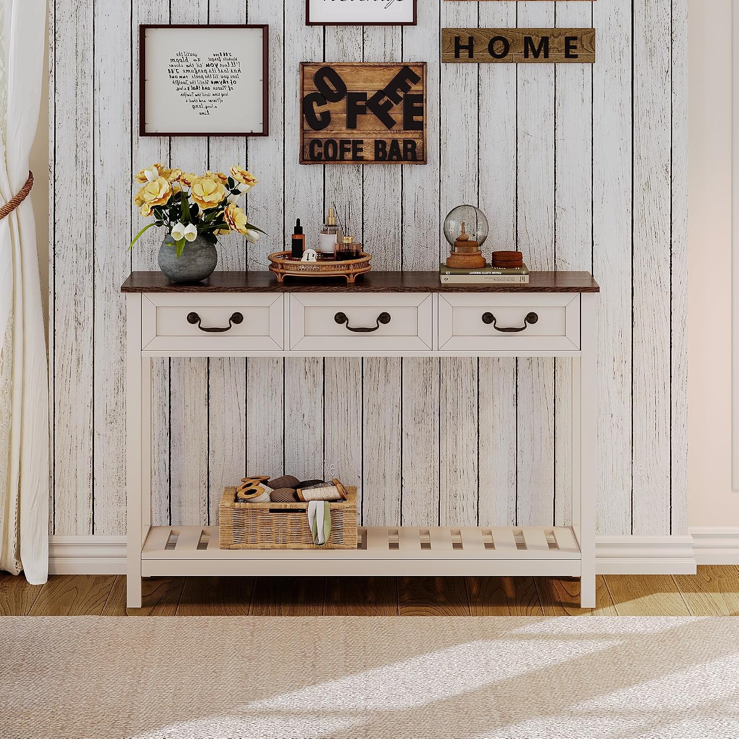 ChooChoo 47' Farmhouse Console Table with 3 Drawers, Rustic Entryway Table, Narrow Long Sofa Table for Living Room, Hallway, Behind Couch, Soft White and Brown