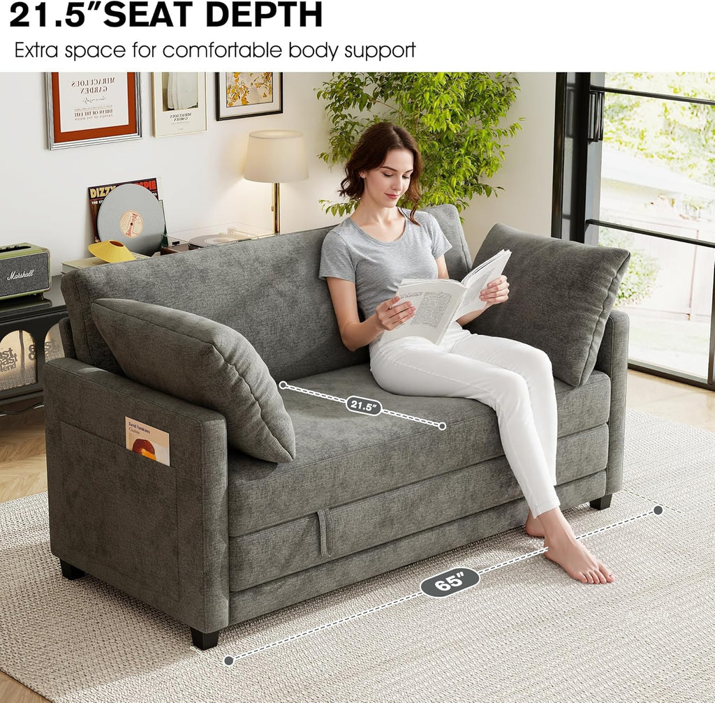 65' Loveseat Sleeper Sofa Bed, Chenille Convertible Floor Sofa Bed for Small Spaces, Folding Couch Bed with Deep Seat, 2 Pillows & Solid Frame, Pull Out Floor Couch for Living Room, Grey