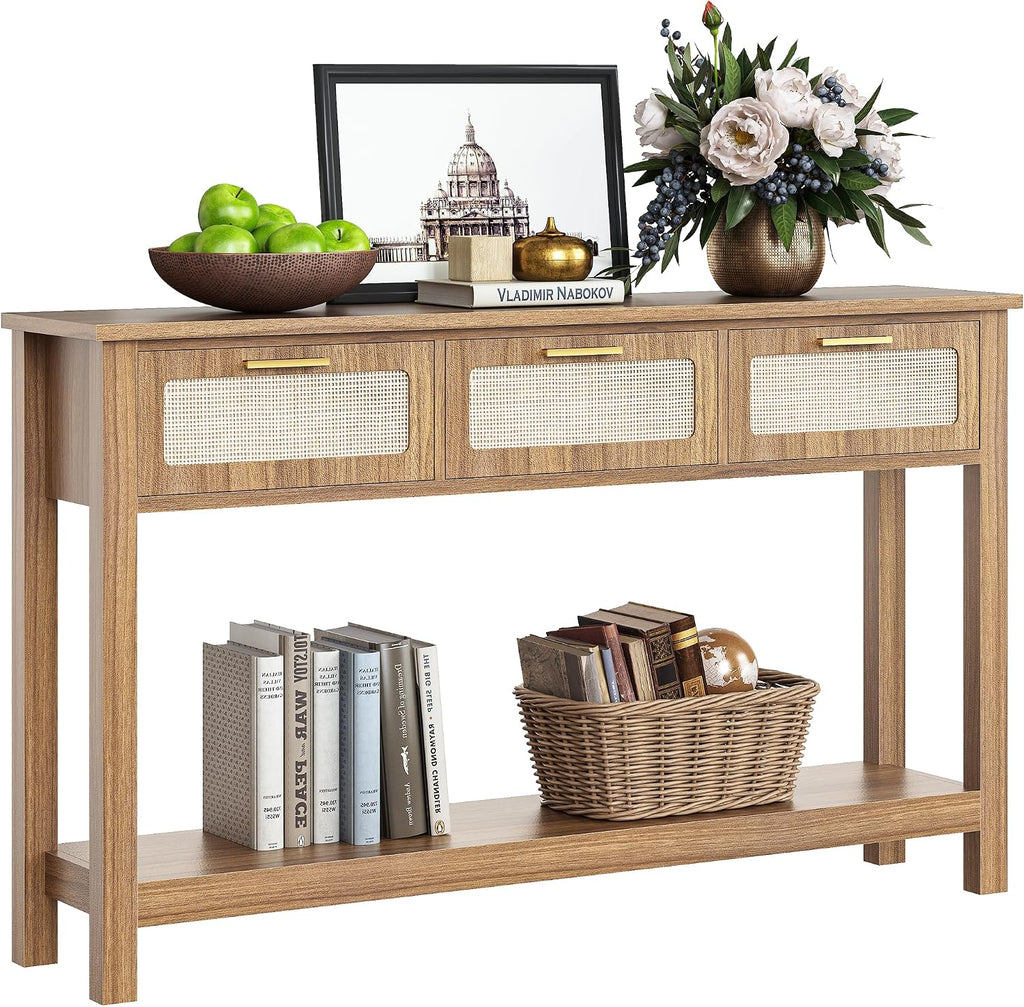 ELYKEN 51.2' Entryway Table with 3 Rattan Drawers, Boho Console Table Narrow with Storage, Long Sofa Table for Behind Couch Entry Hallway, Entrance, Living Room, Oak Brown