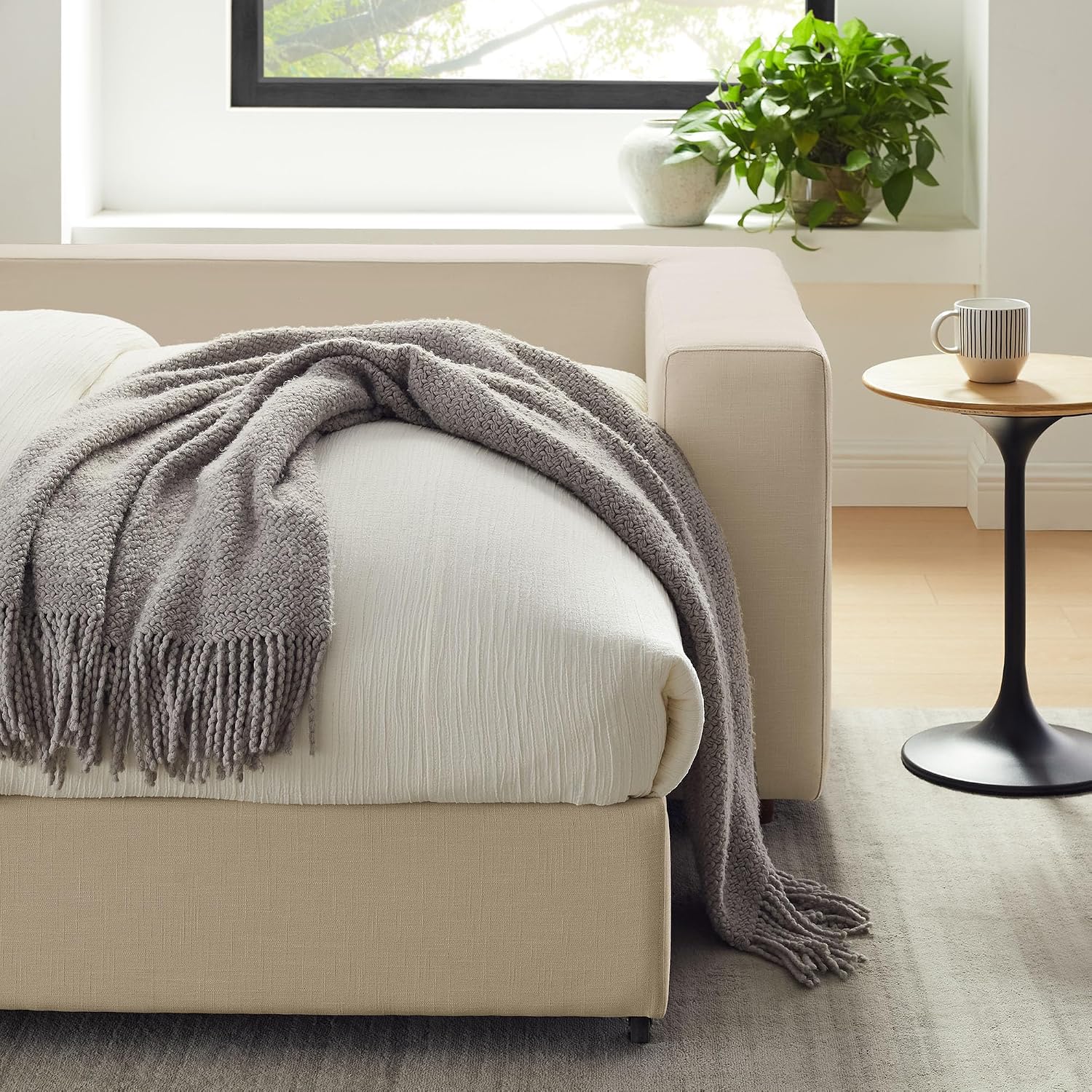Modway Commix Down Filled Fabric Sleeper Sofa in Light Beige