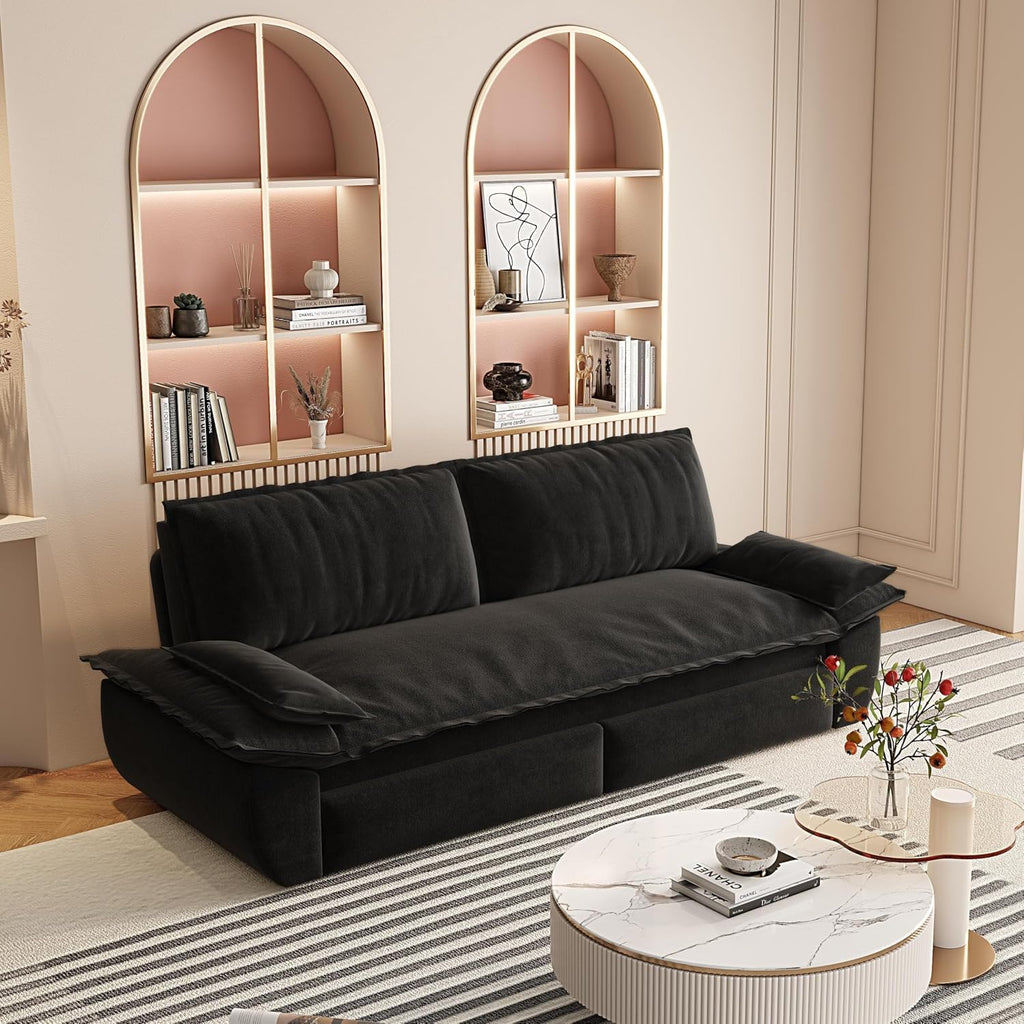 73.2'' Velvet Queen Size Sofa Bed, Loveseat 3-in-1 Convertible Sleeper Sofa Couch, Pull Out Sofabed, Space Saving, Black
