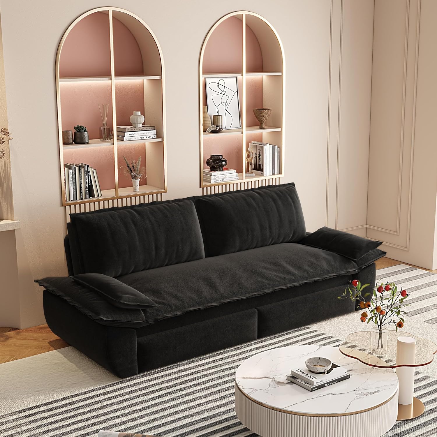73.2'' Velvet Queen Size Sofa Bed, Loveseat 3-in-1 Convertible Sleeper Sofa Couch, Pull Out Sofabed, Space Saving, Black