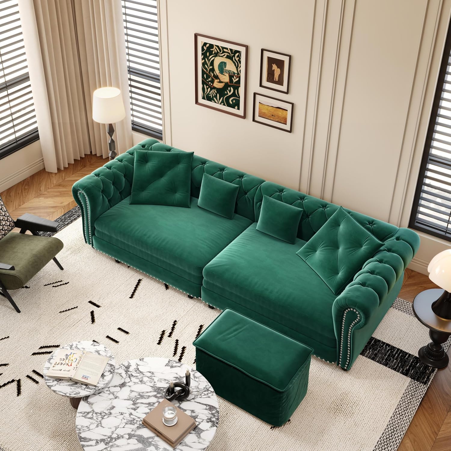 KEIKI King Size Convertible Chesterfield Sofa Bed, 89' Velvet Couch with Ottoman, Tufted Design, 3-in-1 Sleeper Sofa for Living Room, Bedroom, or Office, Green