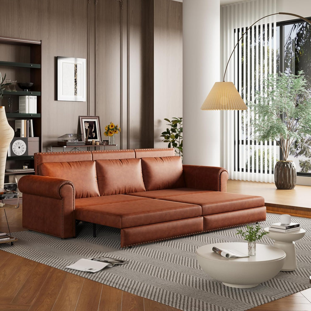 93.7' King Size Sofa Bed Couch,PU Leather 3-in-1 Convertible Pull Out Sleeper Sofa Bed,Chesterfield Sofa with Nailhead Trim and Rolled Arm,Light Brown