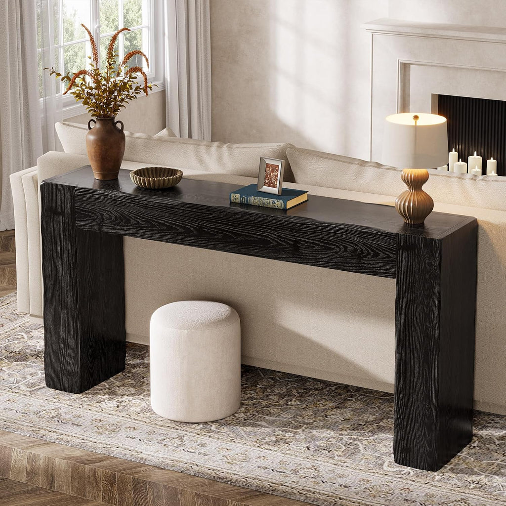Solid Wood Console Table, 63-Inch Farmhouse Sofa Table Behind Couch for Entryway, Living Room, Foyer, Easy Assembly (Black)