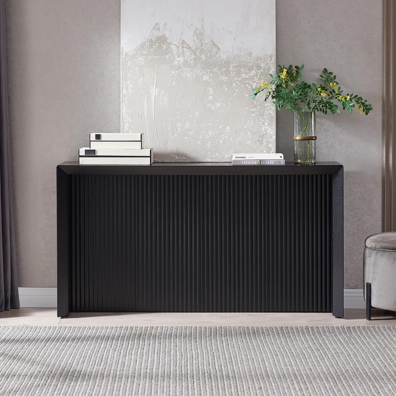 Henn&Hart 56' Fluted Wooden Rectangular Console Table Ribbed Entryway Table, Sofa Table for Entryway, Living Room, Couch, Hallway, or Office, Natural Black