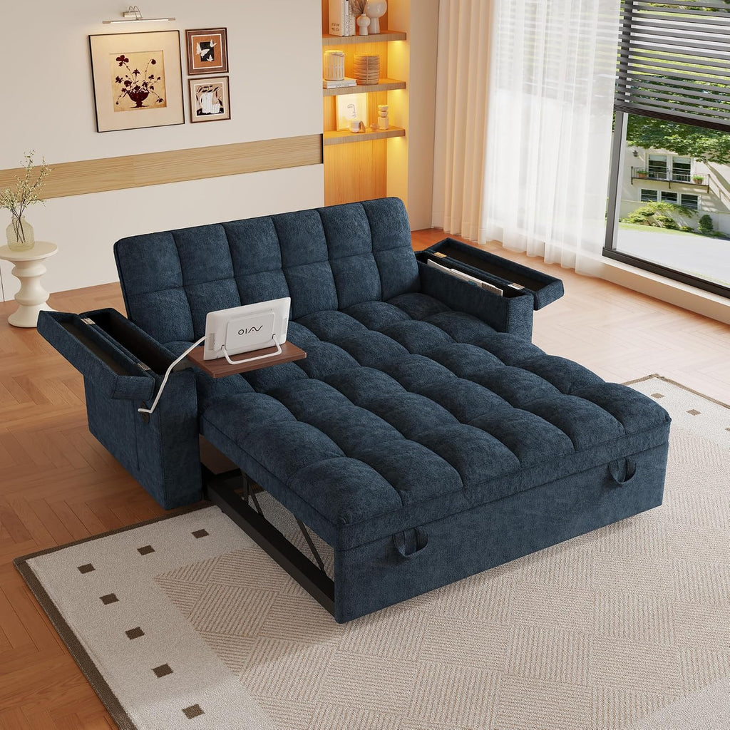 3 in 1 Convertible Sleeper Sofa, 65in Sleeper Couch with Pull Out Bed, Oversized Loveseat Futon Sofa Hide-A-Bed w/Adjustable Backrest, Storage Armrests and Laptop Table for Living Room, Blue | Sleeper Sofa, Pullout Couch Bed, Small Places
