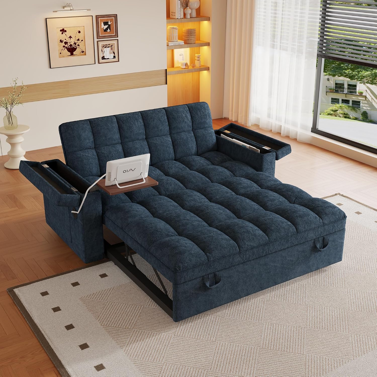 3 in 1 Convertible Sleeper Sofa, 65in Sleeper Couch with Pull Out Bed, Oversized Loveseat Futon Sofa Hide-A-Bed w/Adjustable Backrest, Storage Armrests and Laptop Table for Living Room, Blue | Sleeper Sofa, Pullout Couch Bed, Small Places
