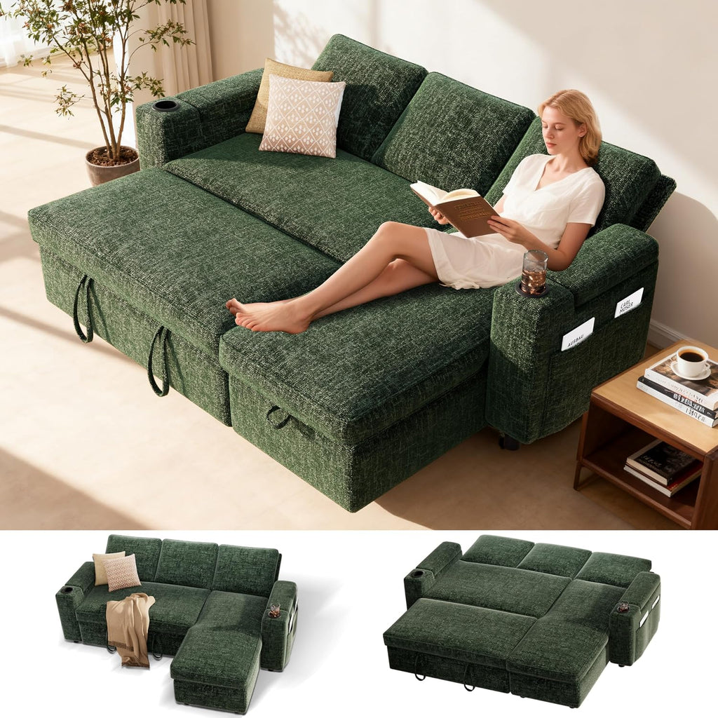 Sunny Heart L-Shaped Sleeper Sofa with Pull Out Bed, 82' Sectional Couch with Reclining Backrest, Reversible Storage Chaise, Armrest Storage, Cup Holders, and Side Pockets, Tool-Free Assembly, Green