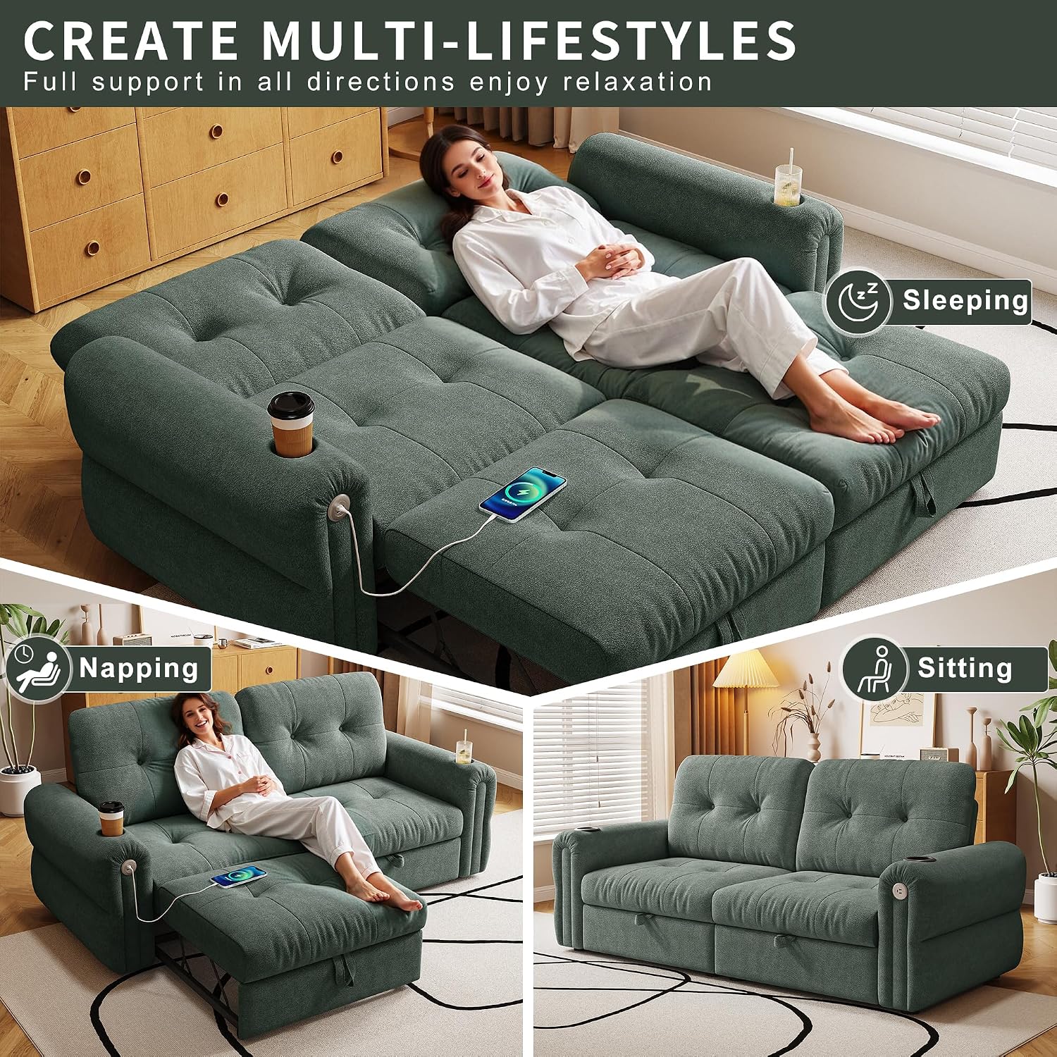 80.4' Queen Sleeper Sofa Bed, 3 in 1 Convertible Pull Out Couch with USB Ports & Cup Holders, Modern Chenille Loveseat Sofabed with Adjustable Backrest for Living Room, Bedroom, Apartment