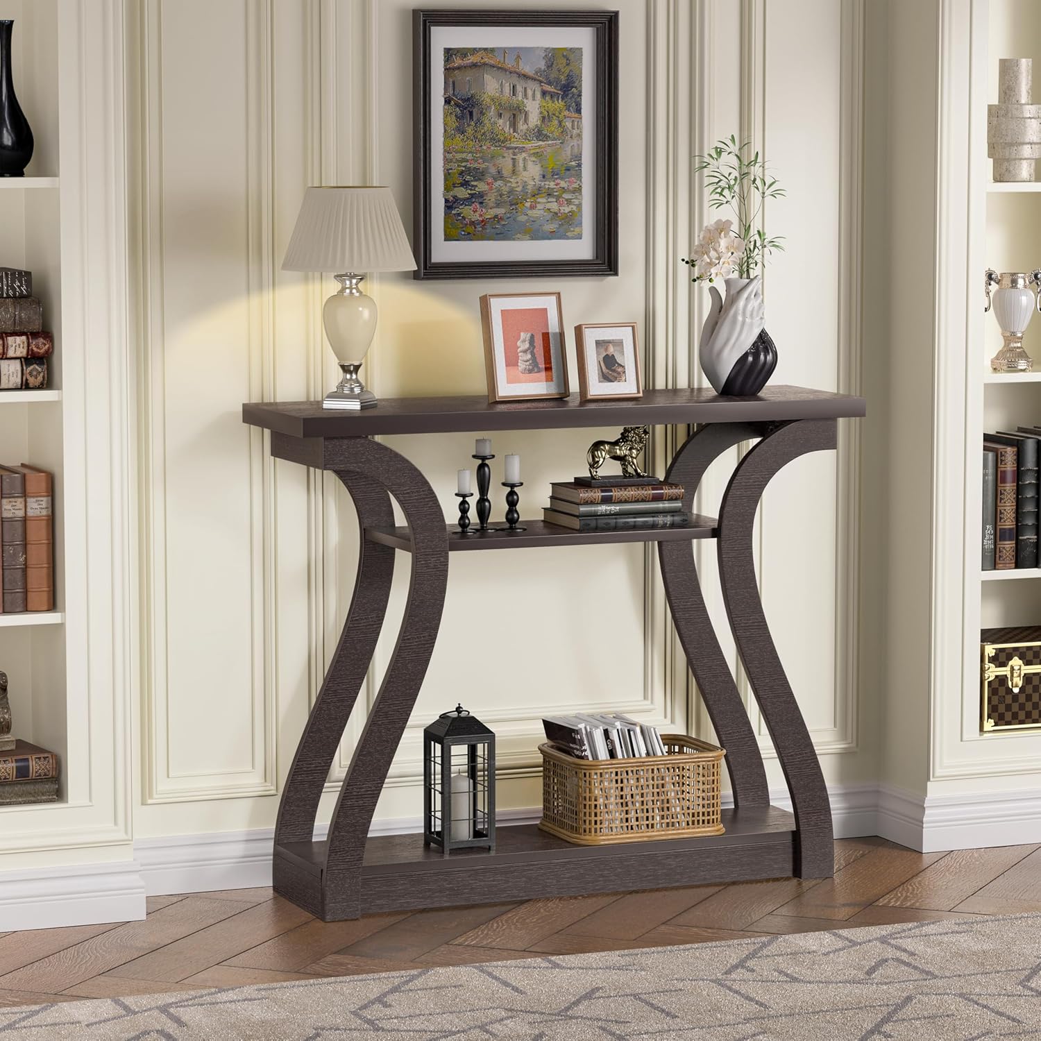 47' Wood Console Table for Entryway, Narrow Sofa Table with 3-Tier Shelves, Curved Legs Farmhouse Hallway Table, Skinny Console Table Behind Couch, Rustic Wooden Entry Table for Living Room (Brown)