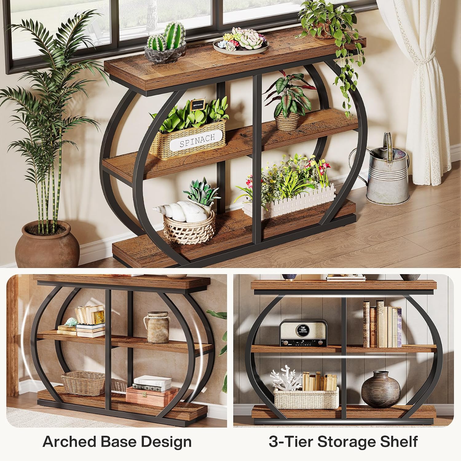 Tribesigns 41.3' Console Table, Industrial 3-Tier Entryway Table with Arched Metal Frame and Storage Shelves for Living Room, Hallway, Mix Brown