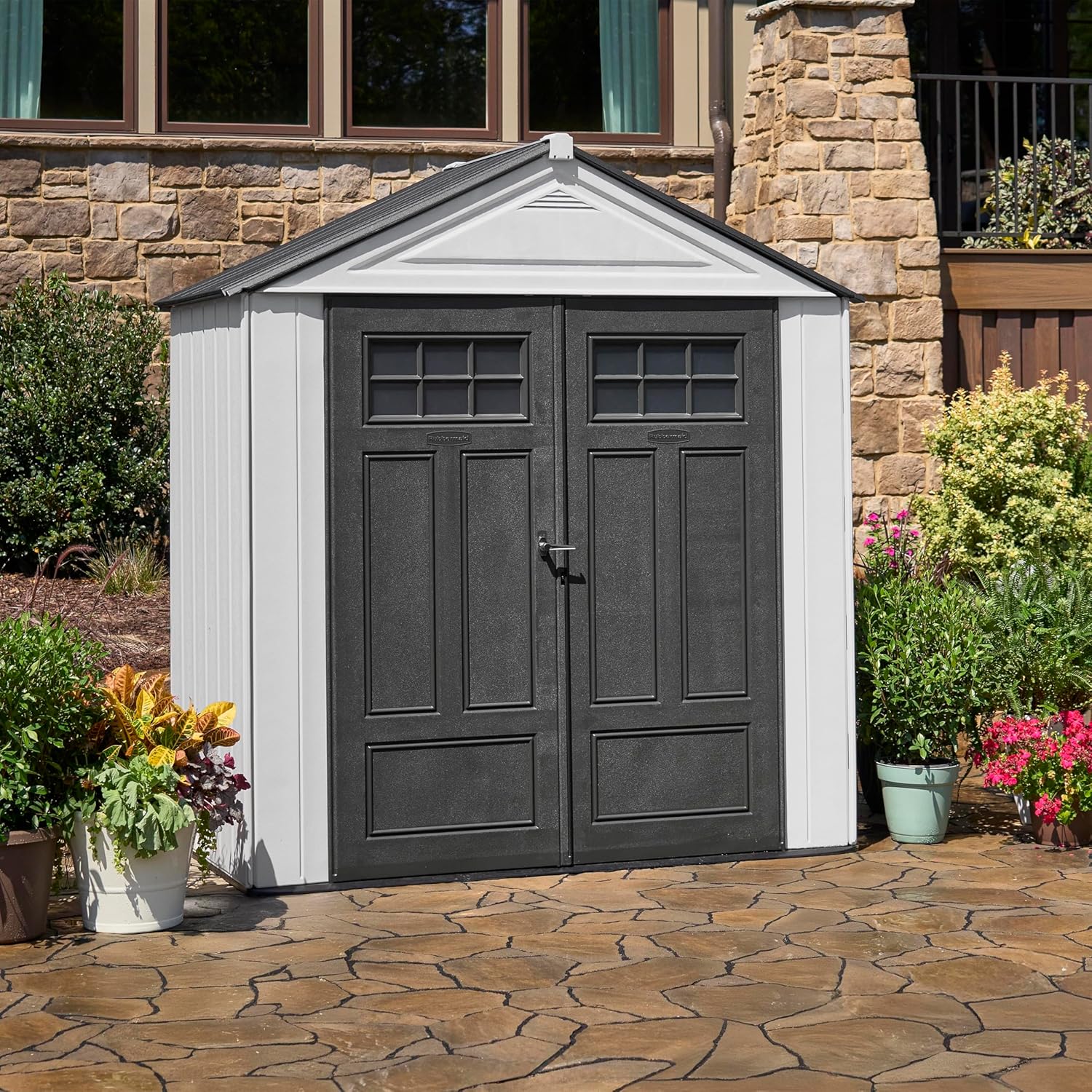 Rubbermaid Resin Outdoor Storage Shed With Floor (7 x 3.5 Ft) Weather Resistant, White, Organization for Home/Backyard/Garden Tools/Lawn Mower/Bike Storage/Pool Supplies
