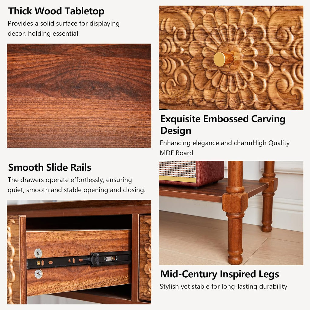 weselon 55.5' Carved Console Table with 3 Drawers, 2-Tier Sofa Table with Glossy Floral Surface and Solid Wood Legs, Mid-Century Modern Entryway Table for Living Room Hallway (Walnut)