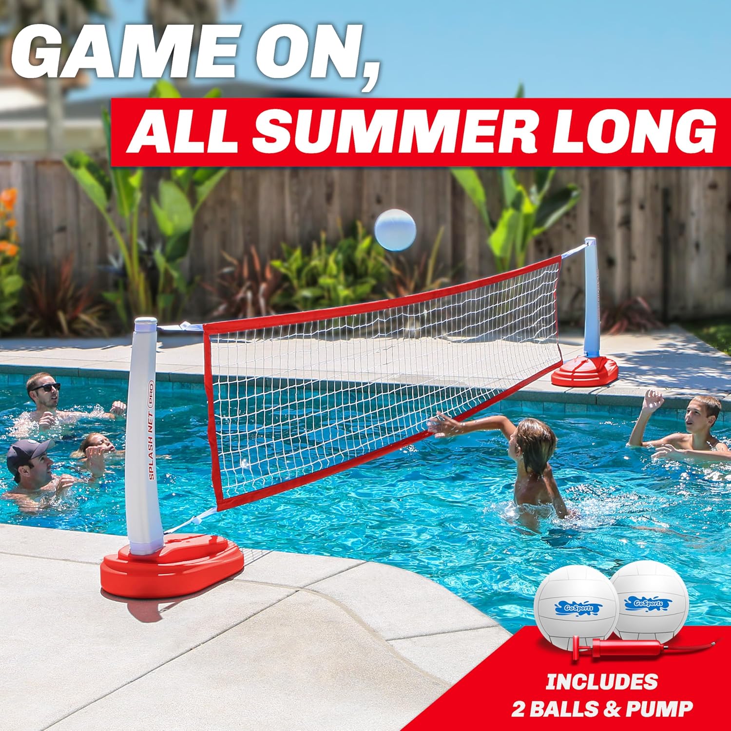 GoSports Splash Net PRO Pool Volleyball Net - Red, White, or Blue - Includes 2 Water Volleyballs and Pump