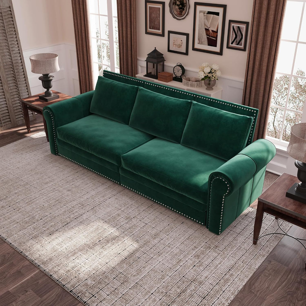3 in 1 Convertible Sleeper Sofa Bed, 93.7' King Size Sofa Sleeper with Pull Out Bed, Velvet Folding Loveseat Sofa 3-Seater with Deep Seat, Nailhead Trim & Rolled Arm for Living Room (Green)