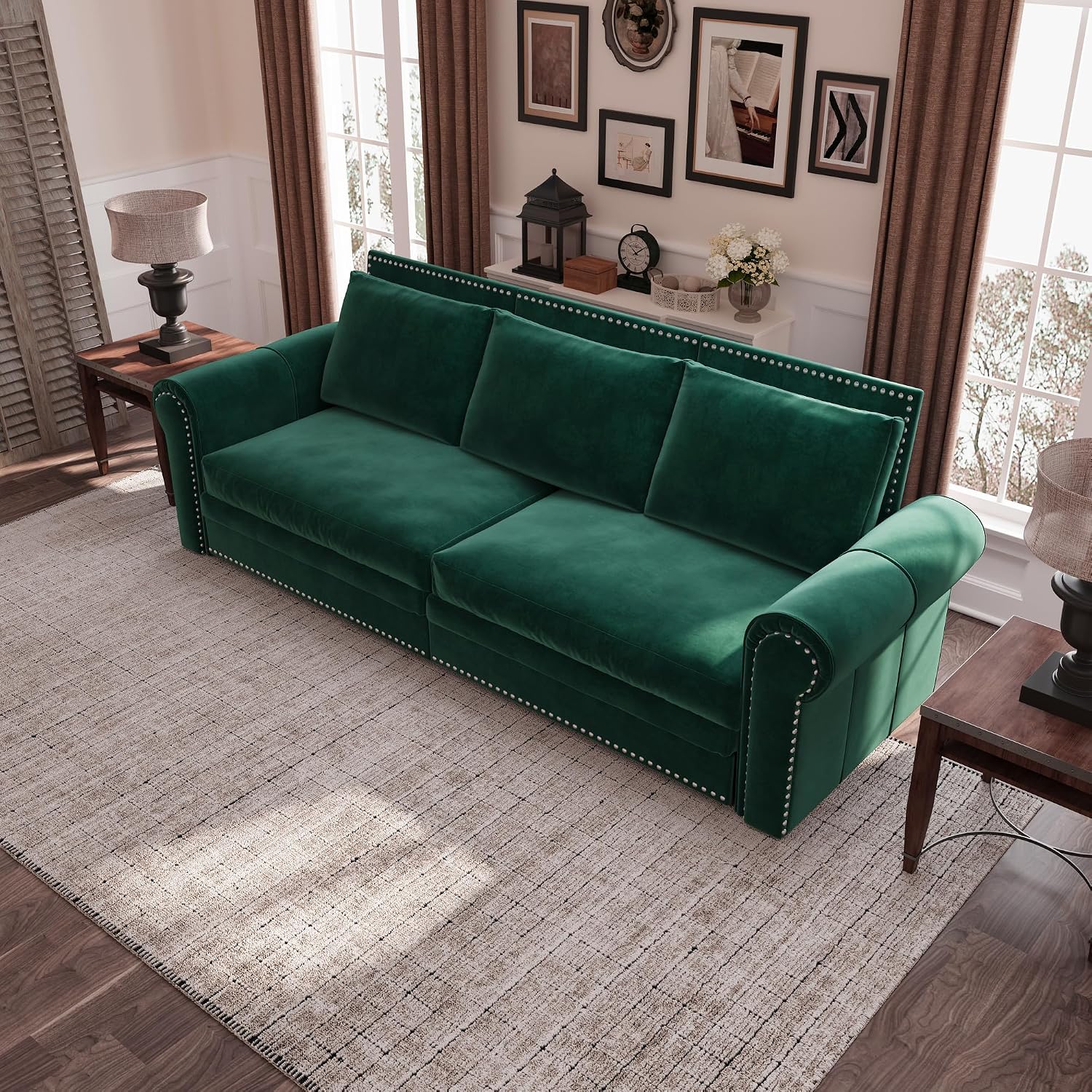 3 in 1 Convertible Sleeper Sofa Bed, 93.7' King Size Sofa Sleeper with Pull Out Bed, Velvet Folding Loveseat Sofa 3-Seater with Deep Seat, Nailhead Trim & Rolled Arm for Living Room (Green)
