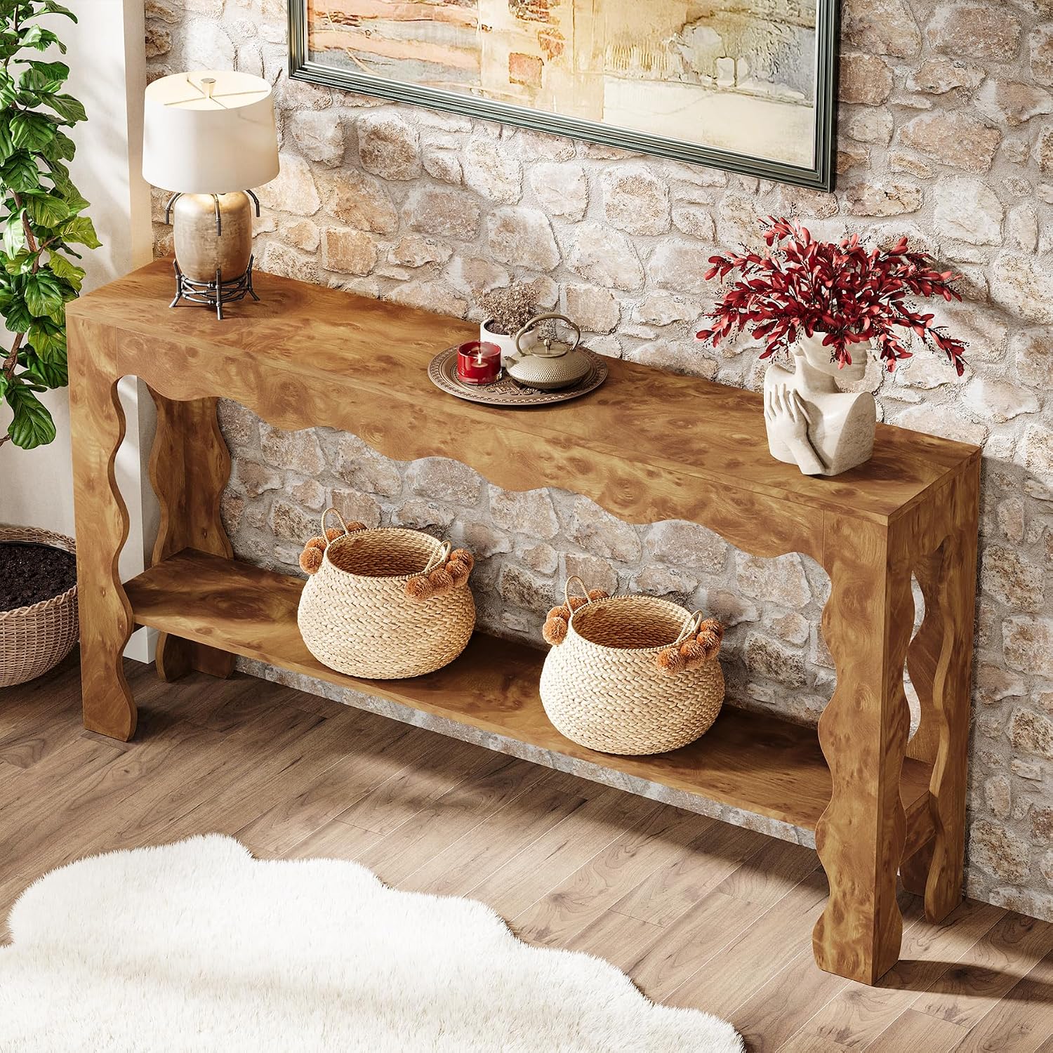 Tribesigns 63 Inch Entryway Table, Modern Rustic Entry Table with Scalloped Edge & Storage Shelf, Accent Narrow Long Sofa Table Behind Couch Console Tables for Entryway, Living Room, Light Brown