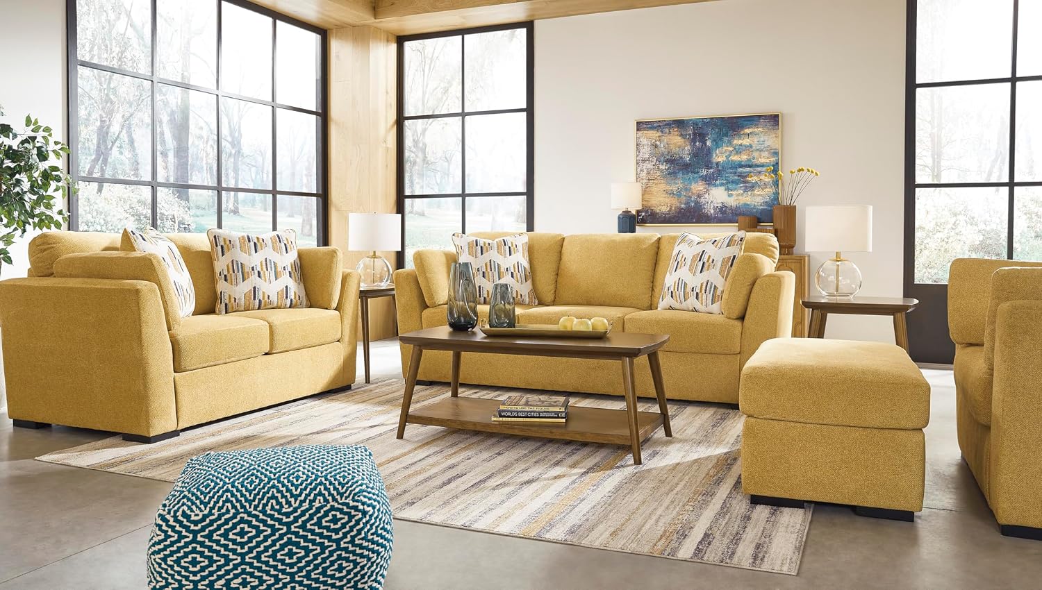 Signature Design by Ashley Keerwick Scandinavian 2-in-1 Sofa Sleeper with Folding Gel Memory Foam Mattress and 4 Pillows, Queen, Yellow
