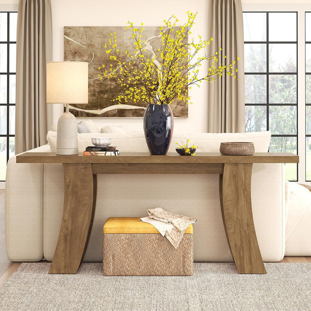 Epecoya 70.9-Inch Wood Console Table for Entryway Living Room, Extra Long Rectangular Natural Sofa Tables with Farmhouse Wooden Curved Base for Home Hallway Couch Foyer Entrance, Light Brown Oak