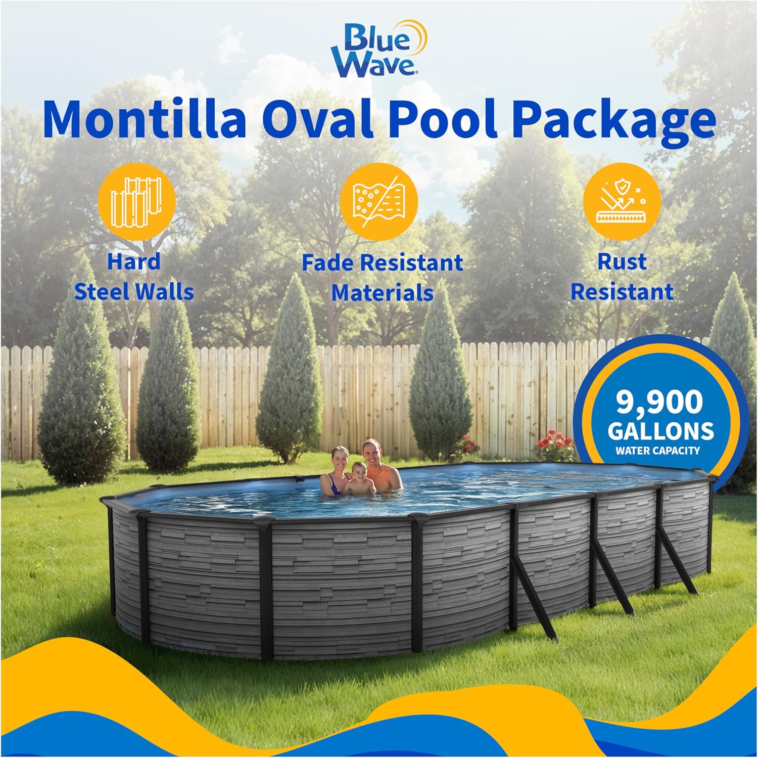 Blue Wave Montilla 15-ft x 30-ft Oval 52-in Deep Above Ground Swimming Pool – Steel Wall & Top Rails, Sand Filter, Skimmer, Liner, A-Frame Ladder & Maintenance Kit – Complete Outdoor Pool Accessories