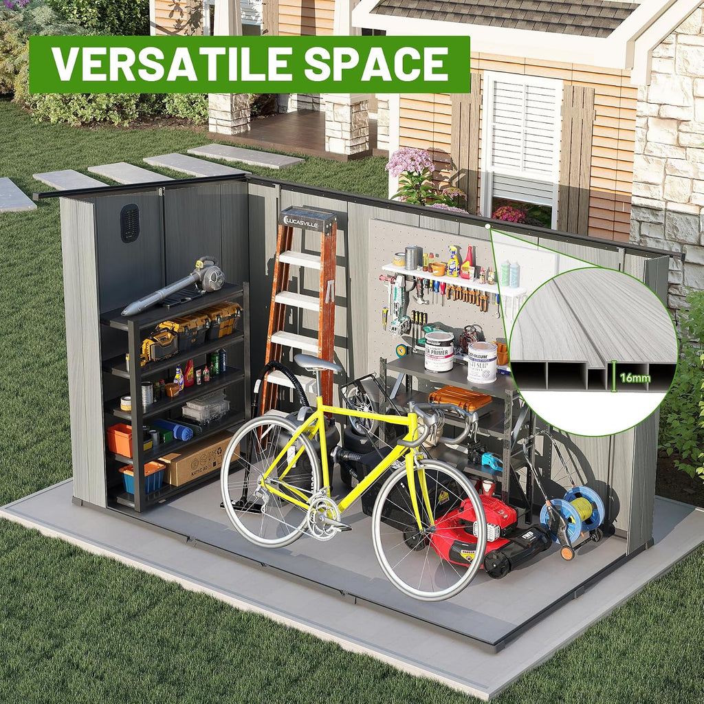 6x8 FT Outdoor Resin Storage Shed with Mats, All-Weather Sloping Plastic Storage Sheds with Lockable Doors & Vents, Outside Tool Storage Shed for Backyard, Garden, Mower, Bike & Pool Equipment