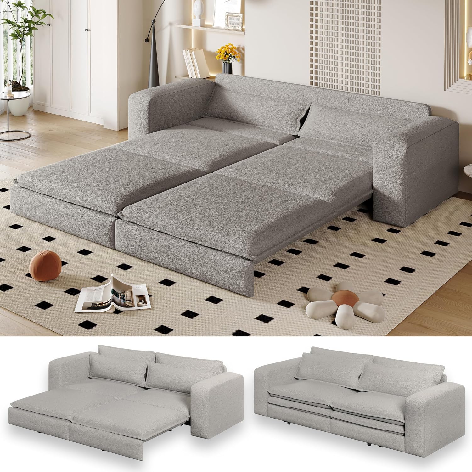 93' Sleeper Sofa Bed King Size, Teddy Pull Out Couch, 3 in 1 Convertible Futon Couches, Modern Deep Seat Daybed with 2 Pillows, Recliner Loveseat for Living Room, Apartment, Office, Grey