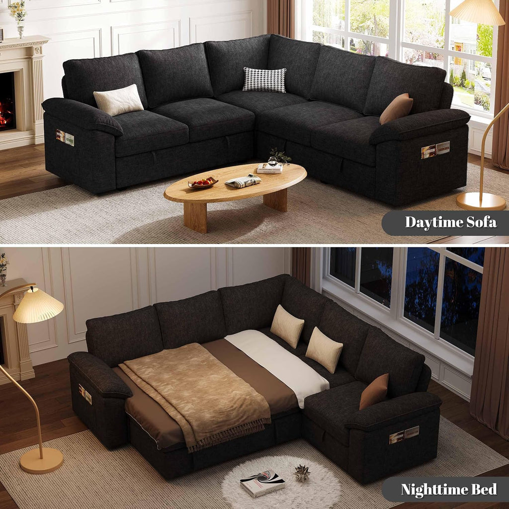 85 Inch Modular Sectional Sofa with Pull Out Bed, L Shaped 5 Seat Sectional Sleeper Sofa with Storage, Sectional Couches for Living Room, Cloud Modular Couch,Removable Sofa Cover, Black