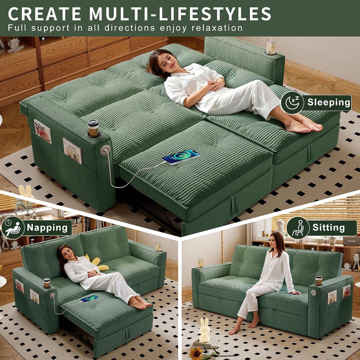 73' Queen Size Sofa Bed, Loveseat Sleeper Sofa with Pull Out Bed, Pockets and USB, Modern 2 Seater Convertible Small Couch for Living Room Bedroom Apartment (Green, Corduroy)