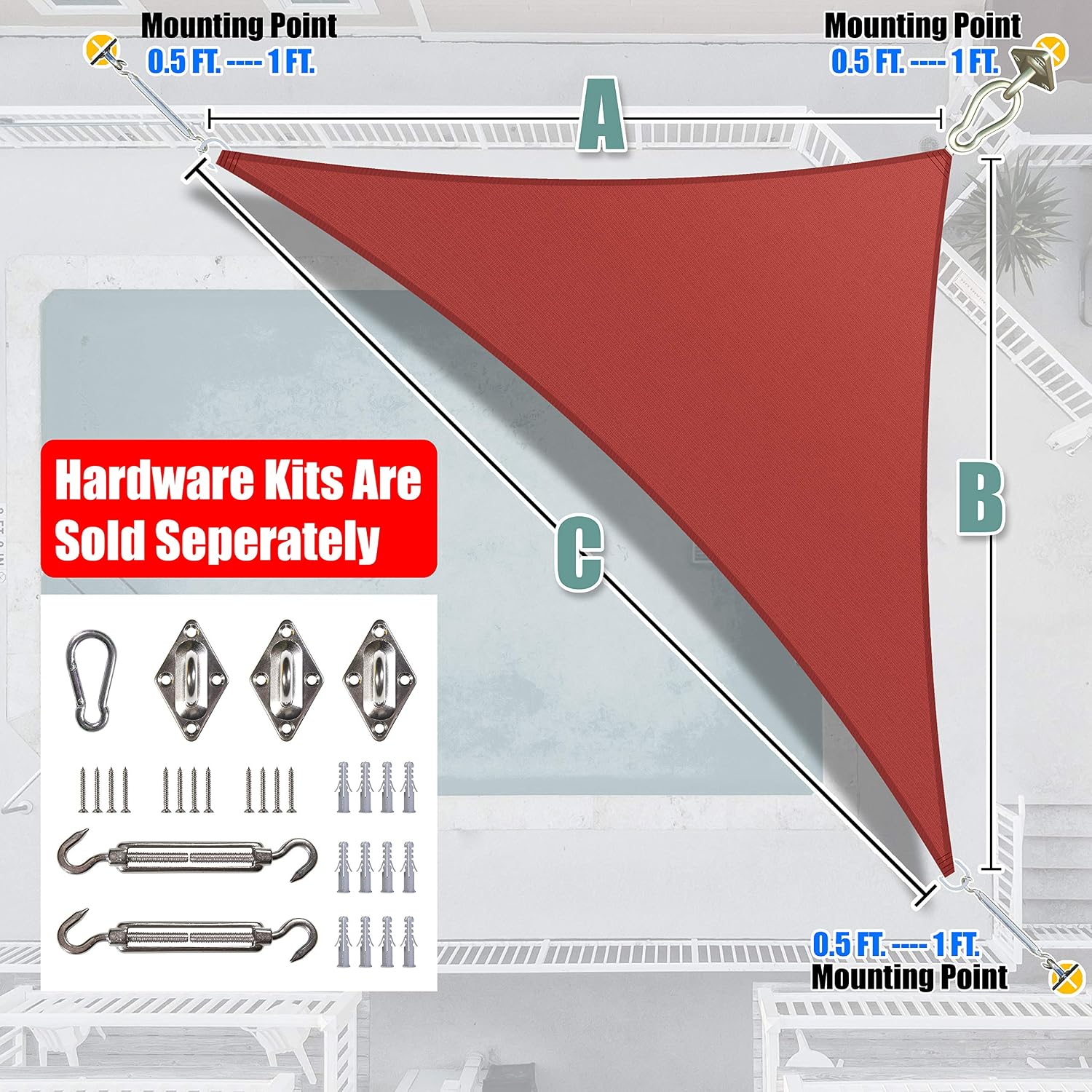 Amgo Custom Size 14' x 17' x 22' Red Right Triangle Sun Shade Sail UPF50+ AGTAPT20, Order to Make Canopy Awning, 95% UV Blockage, Water & Air Permeable, Commercial Standard (We Customize)