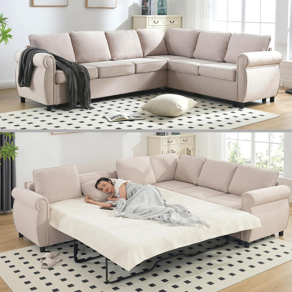 104'' Sleeper Sofa Bed Queen, L Shaped Sectional Sofa with Pull Out Couch Bed, Queen Size 6 Seater Couch with Memory Foam Mattress, Sectional Couches for Living Room Furniture Set, Beige