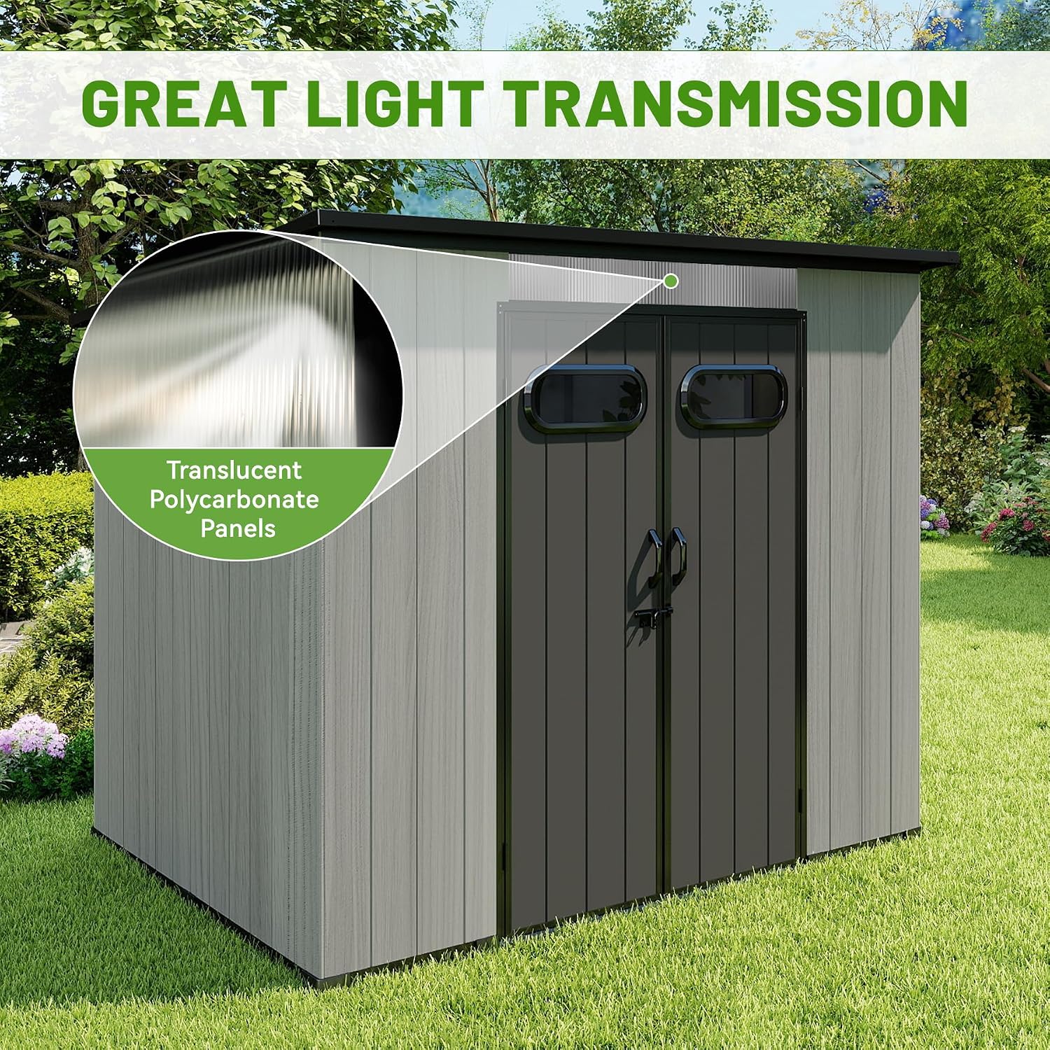 6x8 FT Outdoor Resin Storage Shed with Mats, All-Weather Sloping Plastic Storage Sheds with Lockable Doors & Vents, Outside Tool Storage Shed for Backyard, Garden, Mower, Bike & Pool Equipment