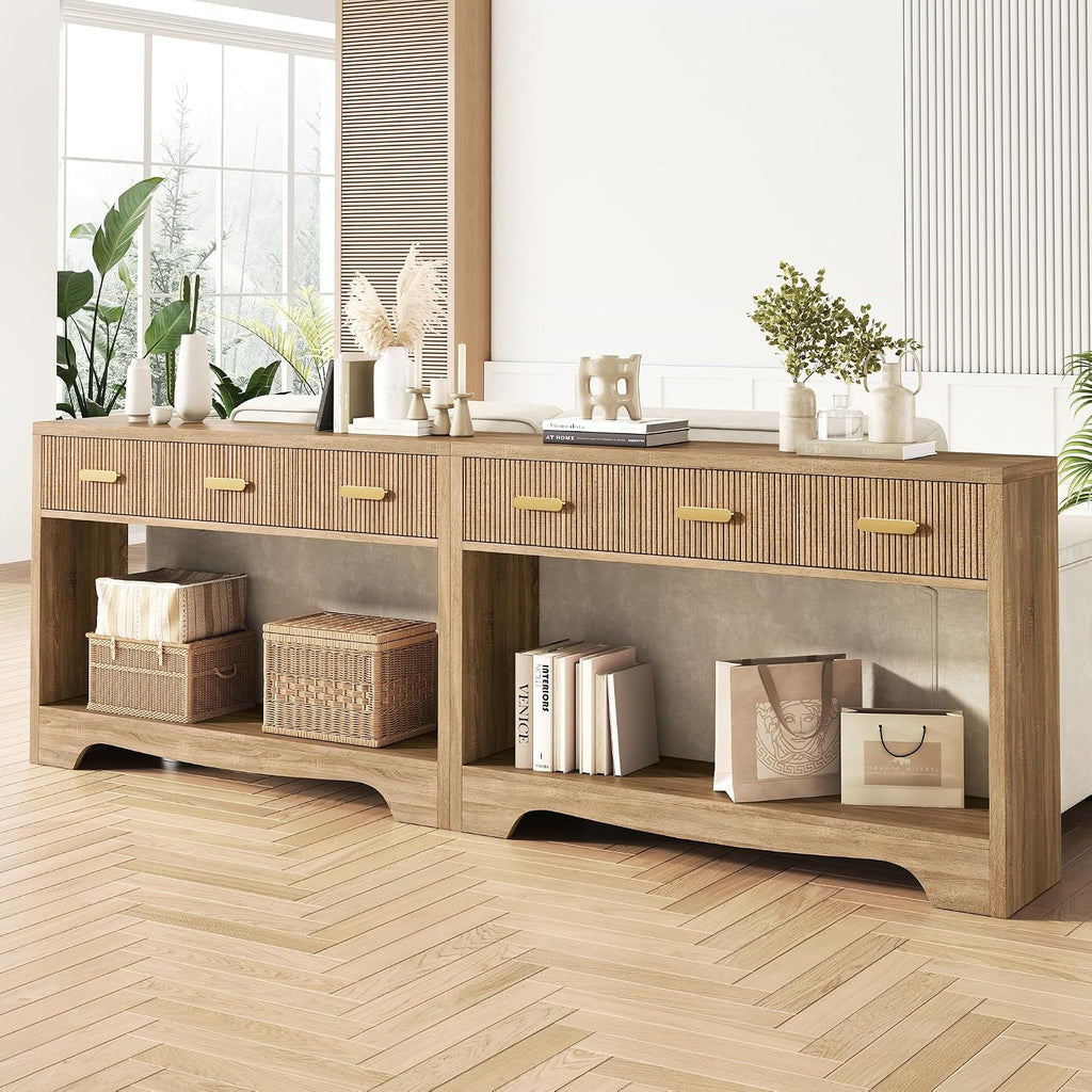 Fluted Console Table with Drawers, 47' Narrow Entryway Table with 3 Drawers and Open Storage Shelf, Long Sofa Tables Modern Behind Couch Tables for Living Room, Foyer and Hallway