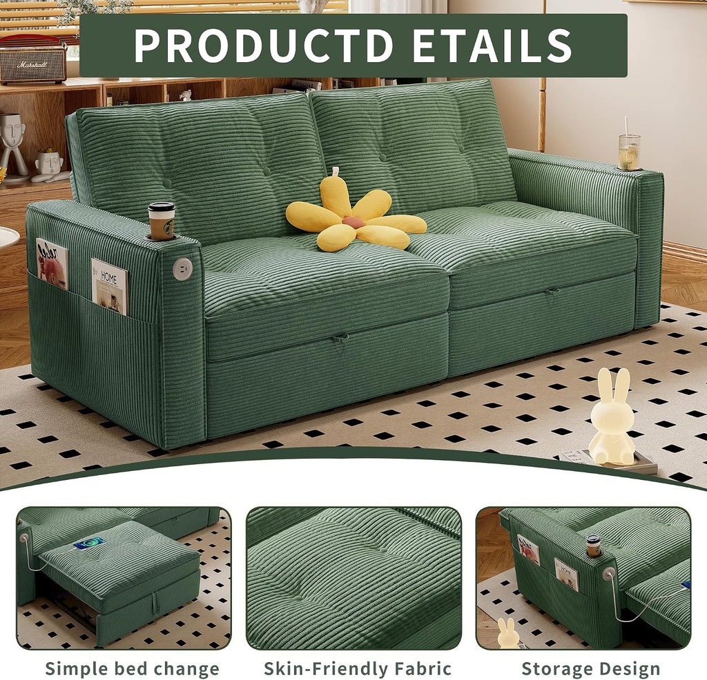 73' Queen Size Sofa Bed, Loveseat Sleeper Sofa with Pull Out Bed, Pockets and USB, Modern 2 Seater Convertible Small Couch for Living Room Bedroom Apartment (Green, Corduroy)